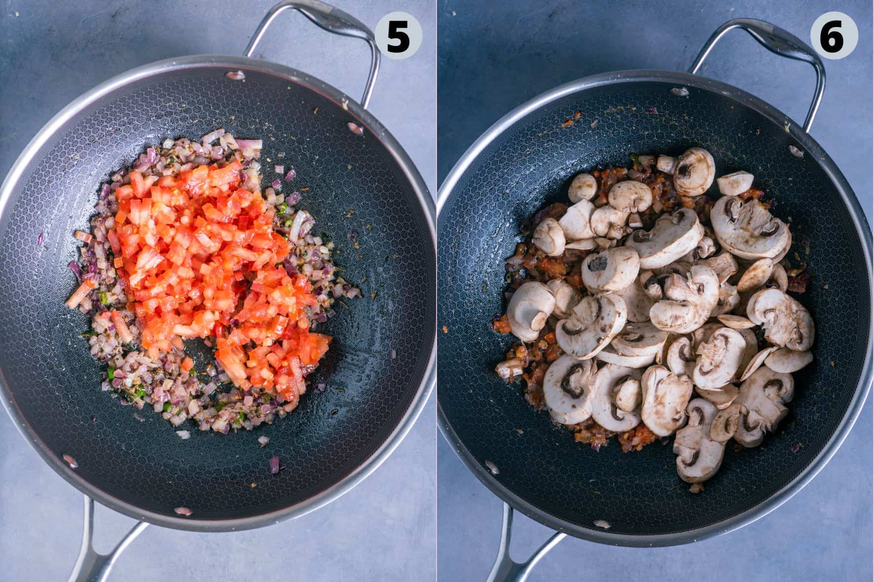 2 image collage showing how to make masala pasta recipe.