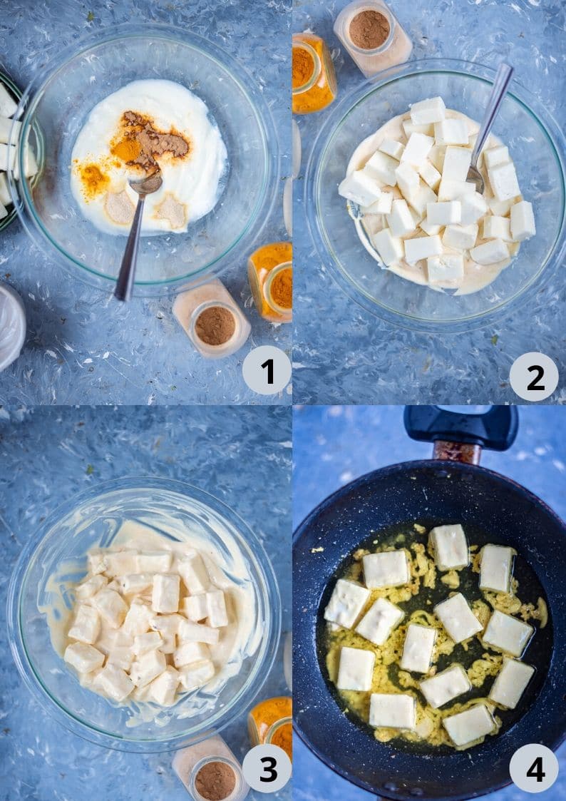 4 image collage showing how to prep the paneer for Kadai Paneer Masala