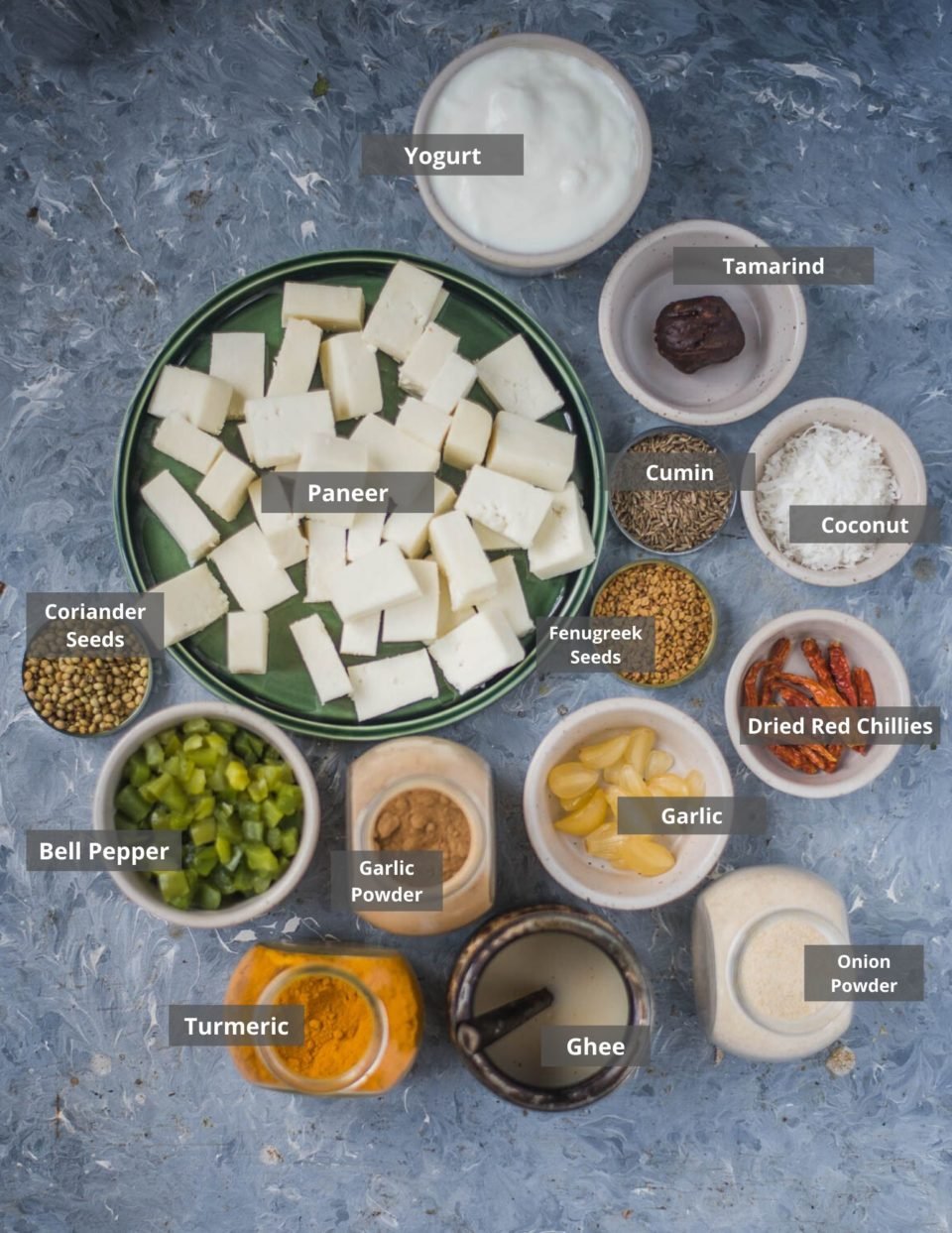 all the ingredients needed to make Fried Paneer Butter Masala placed in a tray with labels on them
