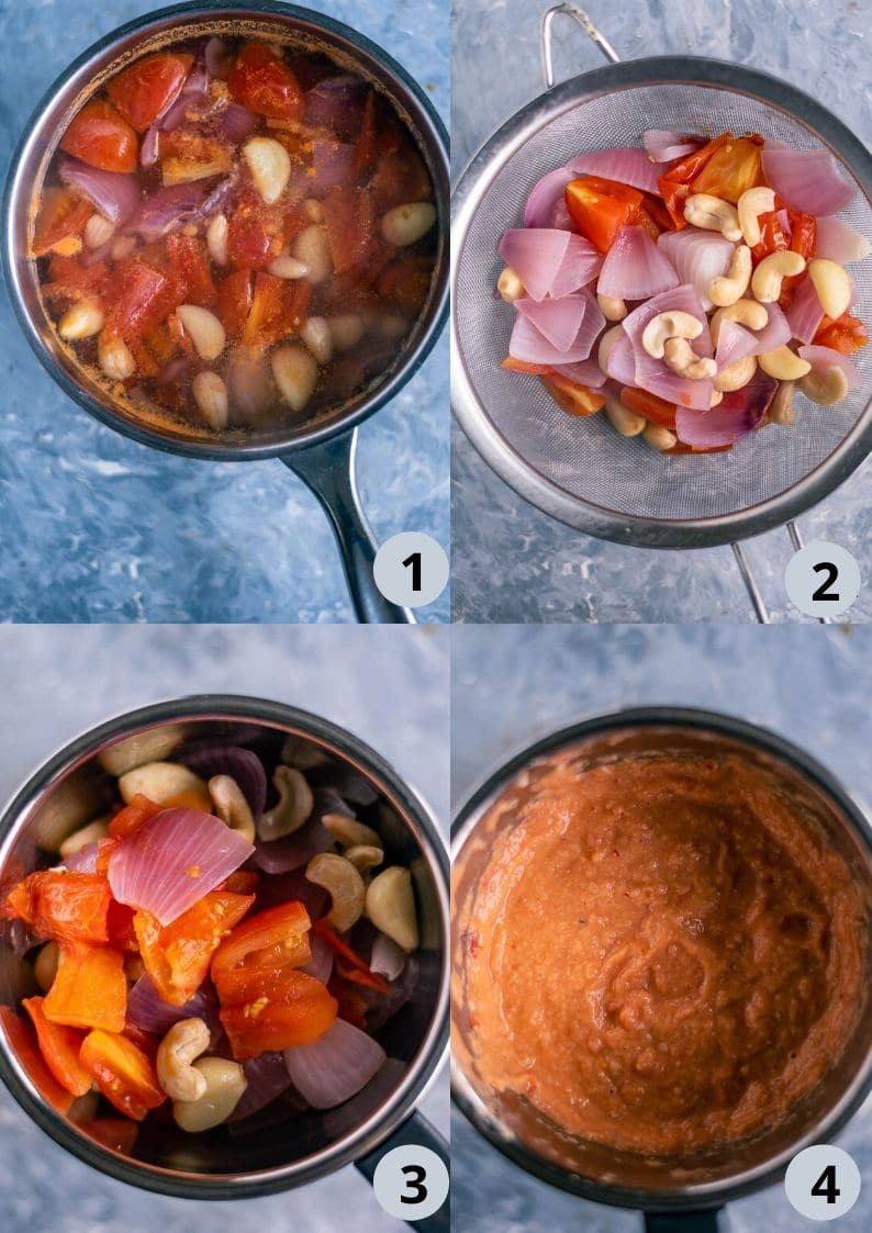 4 image collage showing how to make the masala for Khoya Mutter