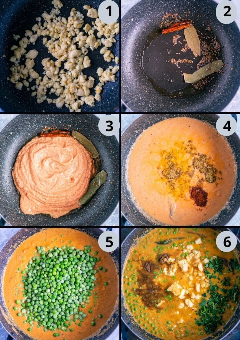 6 image collage showing the steps to make Khoya Mutter
