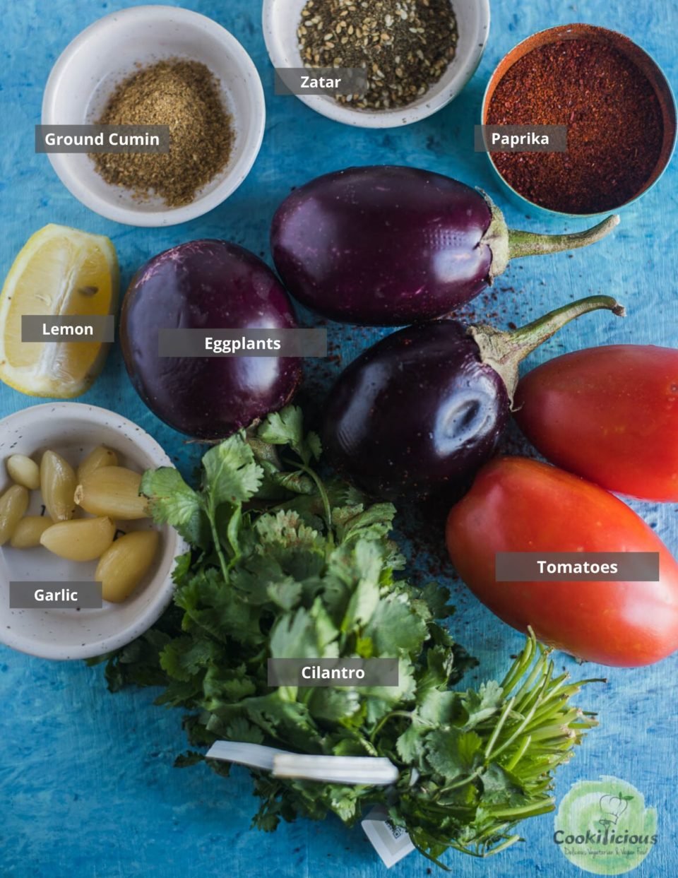 all the ingredients needed to make Moroccan Eggplant Zaalouk placed on a tray with labels on them
