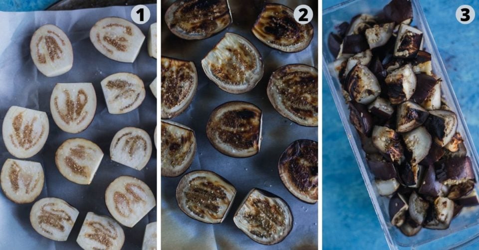 3 image collage showing how to smoke eggplants to make Moroccan Eggplant Zaalouk