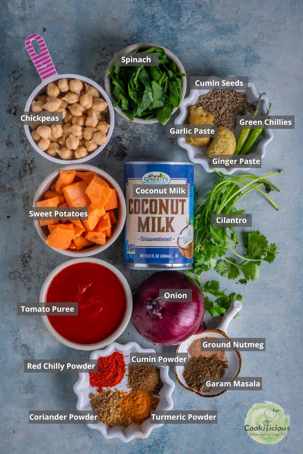 all the ingredients needed to make vegan Sweet Potato Chickpea Curry.