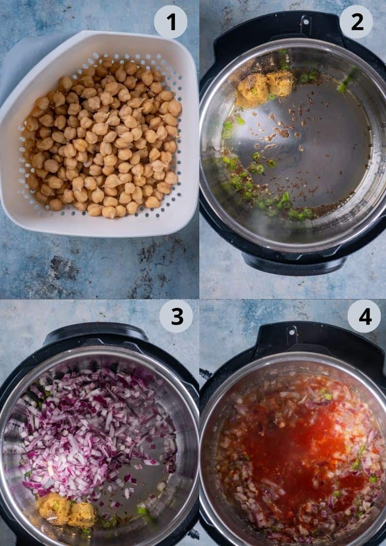 4 image collage showing the process of making sweet potato curry with chickpeas in the Instant Pot.