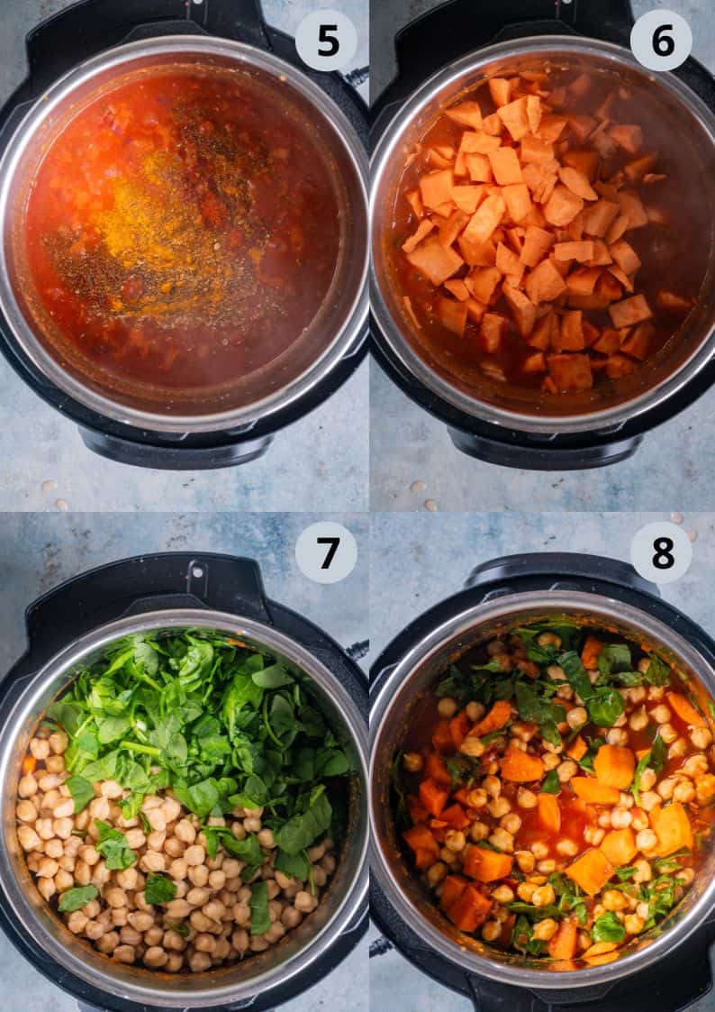 4 image collage showing how to make a Comforting bowl of gluten-free and nut-free sweet potato curry with chickpeas in the Instant Pot, perfect weeknight dinner.