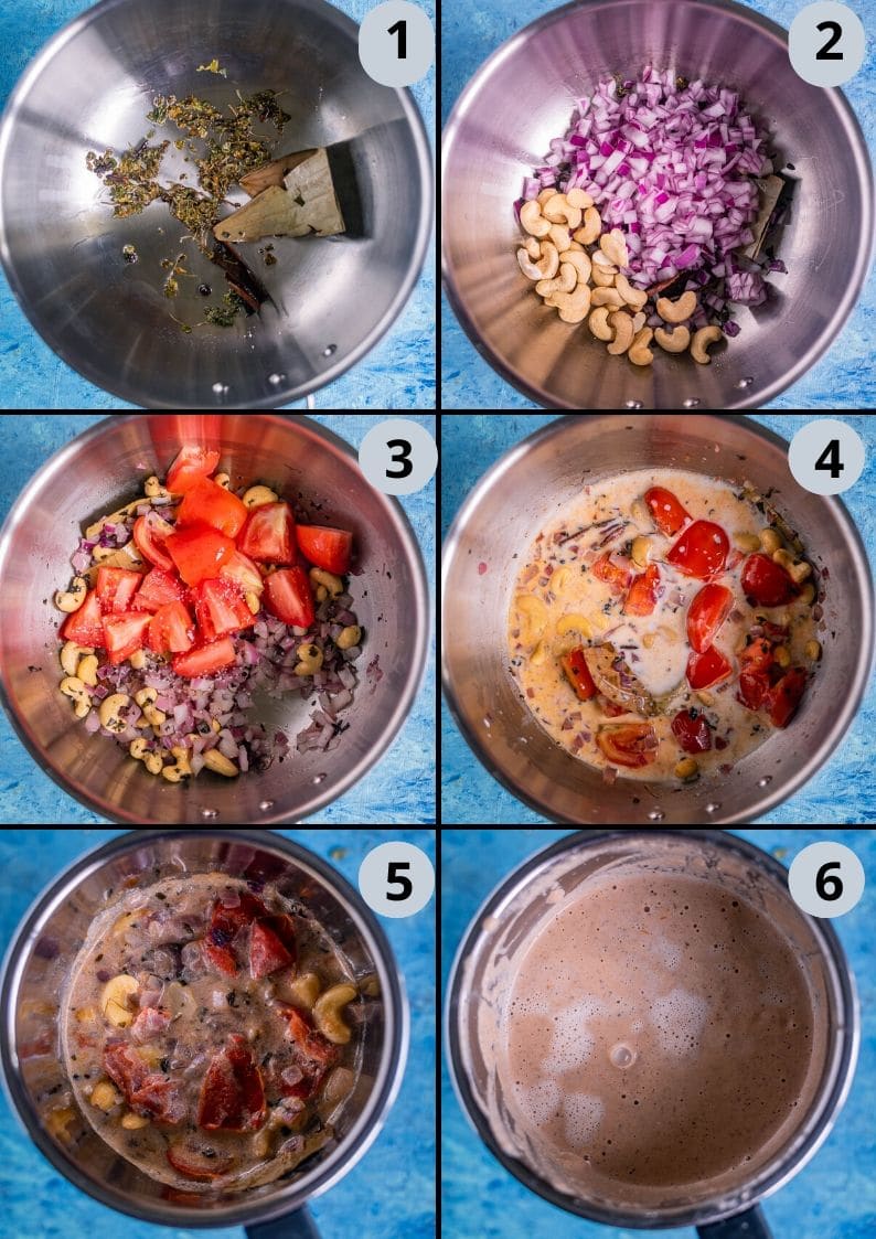 6 image collage showing the steps to make the gravy for Dum Aloo