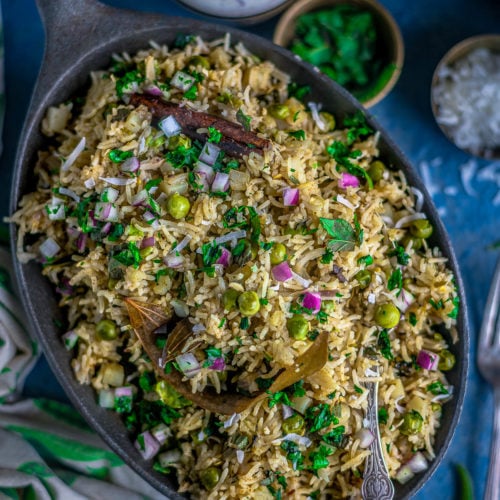 Potato Rice With Mint | Instant Pot Aloo Pudina Pulao served in an oval platter