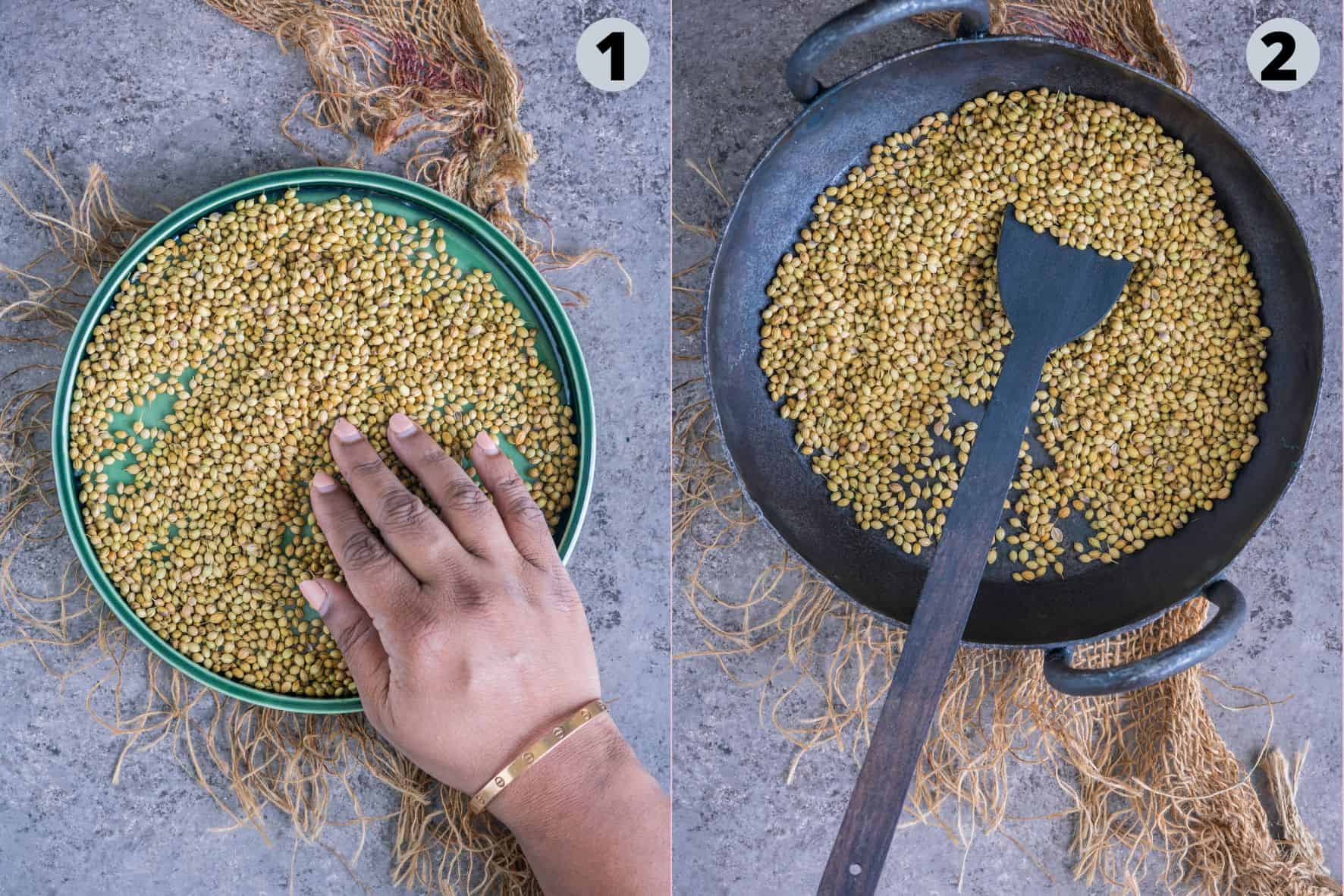 2 image collage showing how to make coriander powder at home.