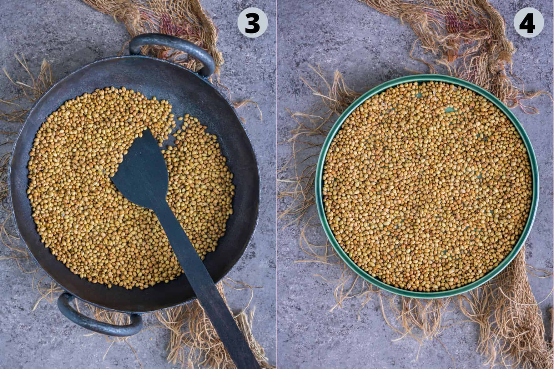 Dry roasting coriander seeds in a pan and then cooling them in a plate for enhanced flavor.