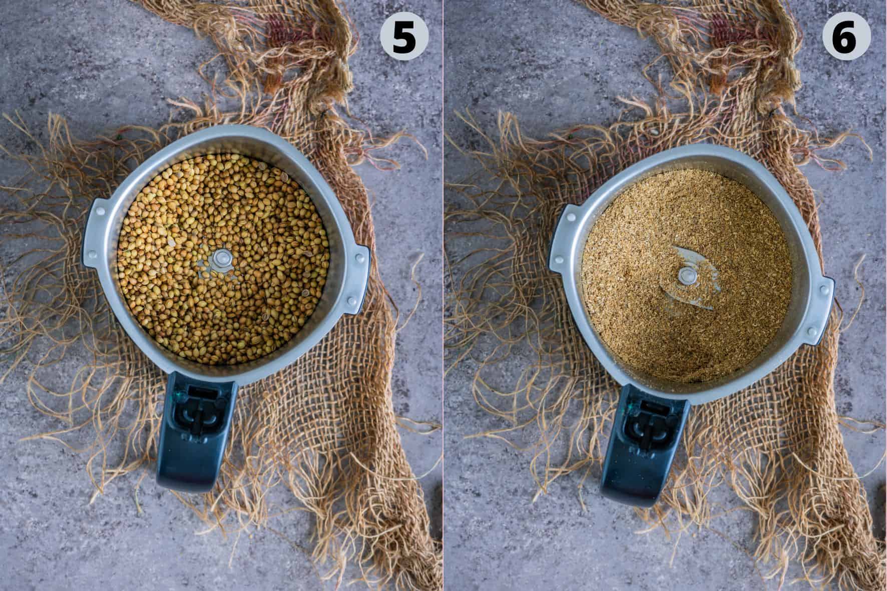 Grinding roasted coriander seeds into a fine powder using a spice grinder.
