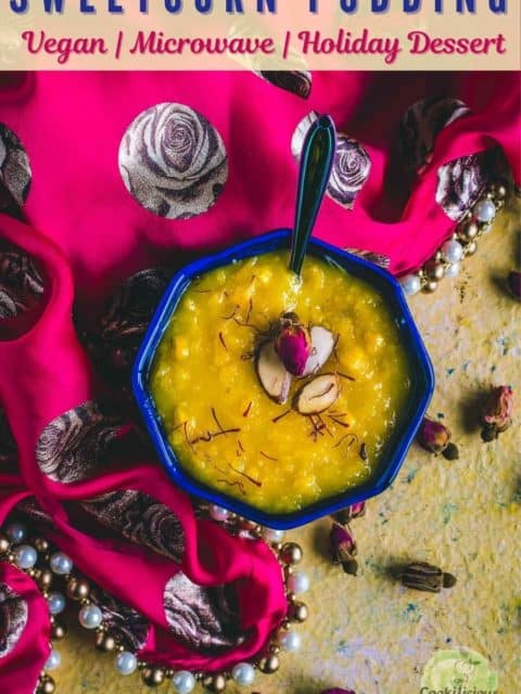 Jhajhariya (vegan corn pudding) served in a bowl with a spoon in it and text at the top