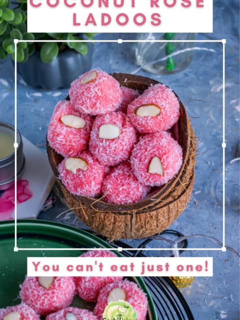 rose coconut ladoos served in coconut shells with text at the top and bottom