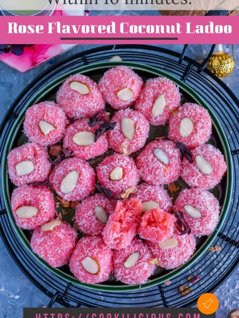 a round platter filled with coconut rose ladoos and text at the top and bottom