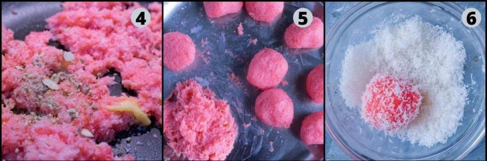 3 image collage showing the steps to make Instant Rose flavored Coconut Ladoo