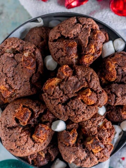 Chocolate Marshmallow Cookies served in a box and text at the top.