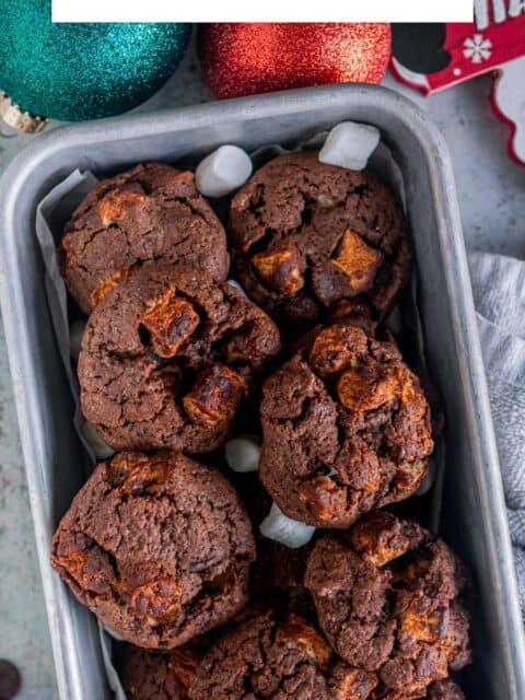 vegan marshmallow cookies with chocolate served in a cake tin and text at the top.