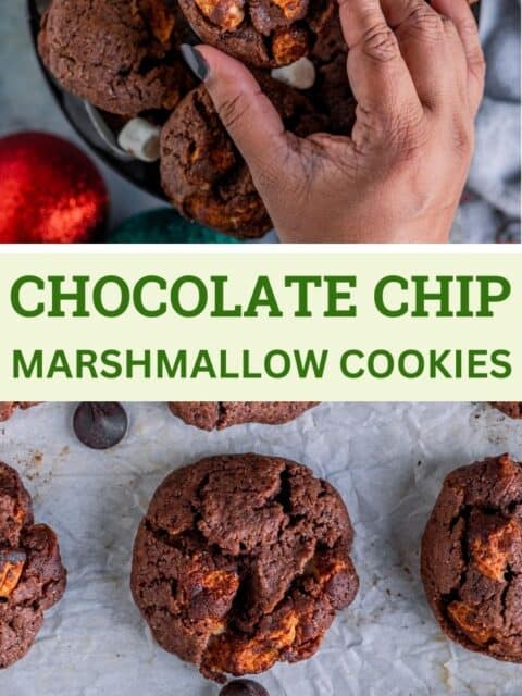 2 image collage of Chocolate Marshmallow Cookies with text in the middle.