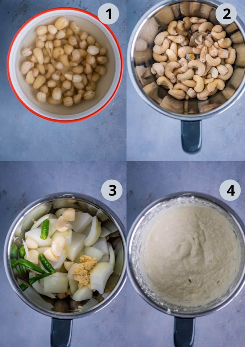 4 image collage showing the steps to make the cashew paste for Methi Matar Malai.