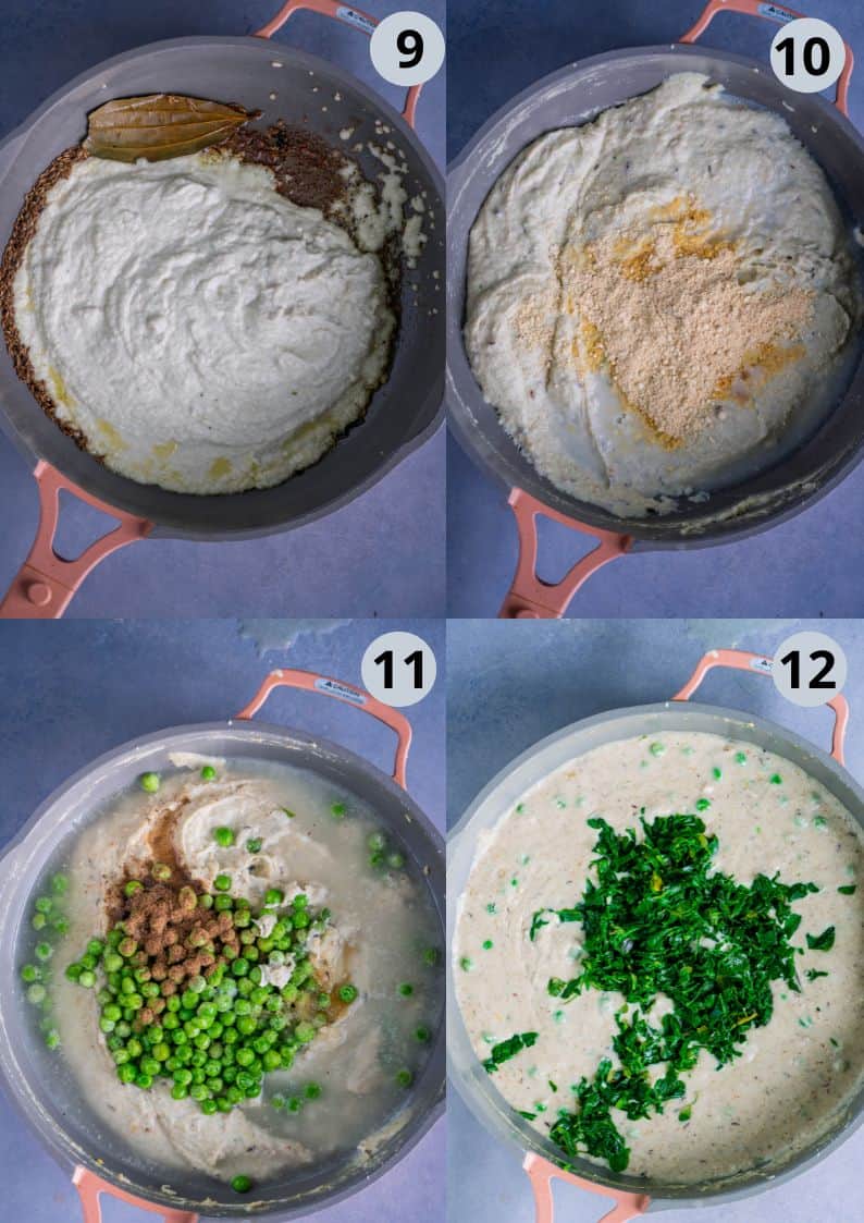 4 image collage showing the steps to make dairy-free Methi Matar Malai.