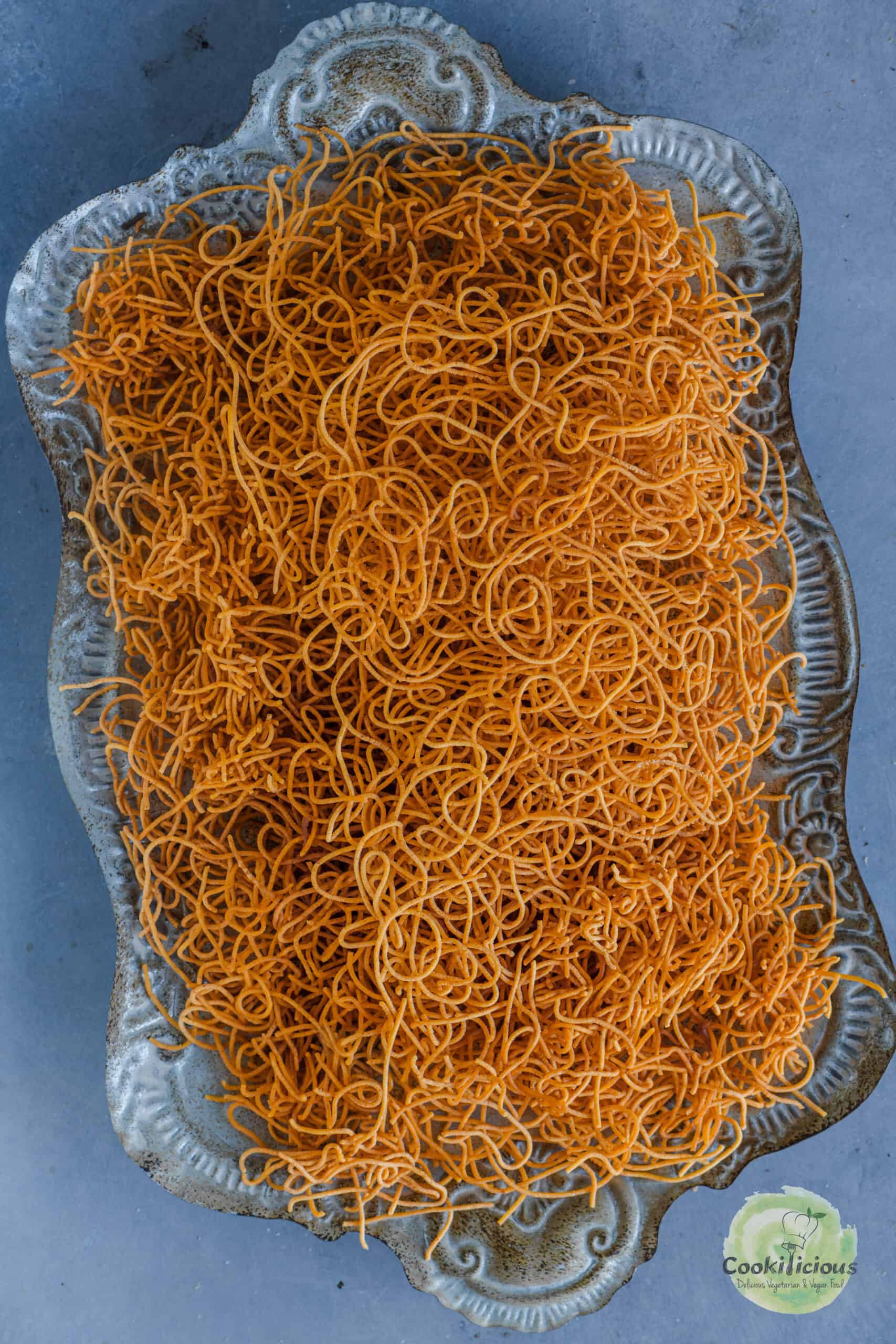 Indian Besan Sev served in a platter.