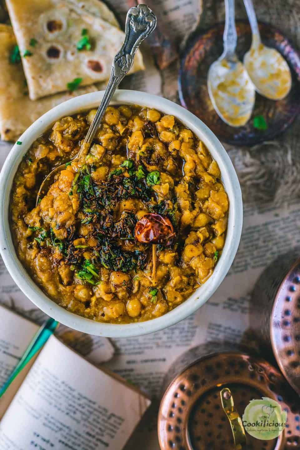 Yellow Peas Curry Chili in a round bowl with a spoon in it