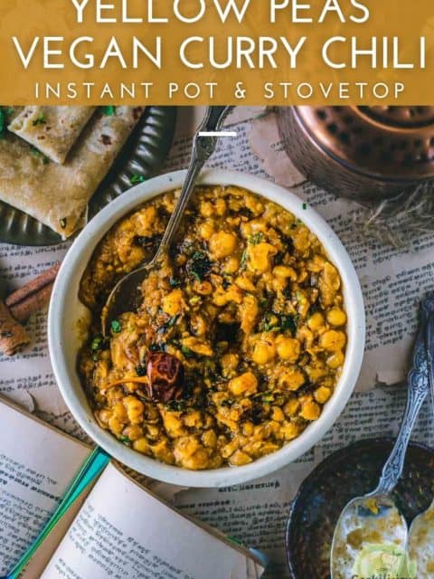 Vegan Pattani Kuzhambu in a bowl with a spoon in it and text at the top