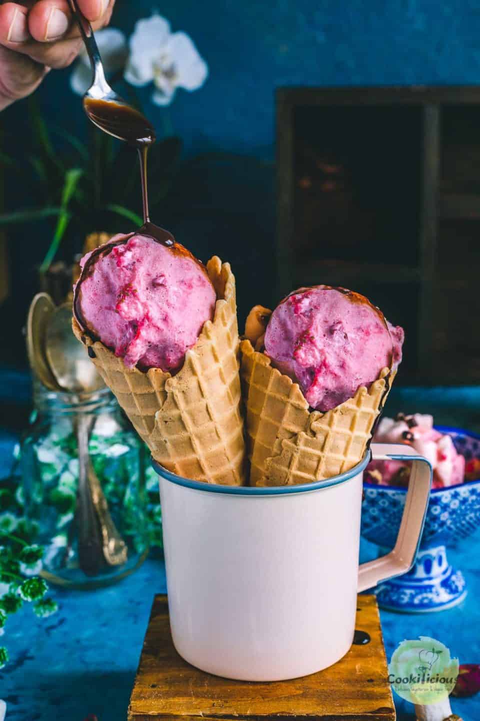 2 Strawberry Marshmallow Ice Cream cones placed in a mug