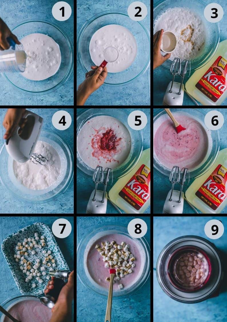 9 image collage showing the steps to make Strawberry Marshmallow Ice Cream