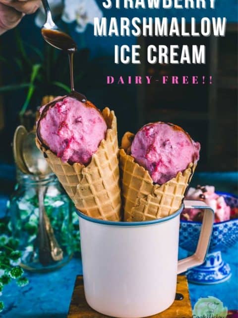 2 Strawberry Marshmallow Ice Cream cones placed in a mug and text at the top