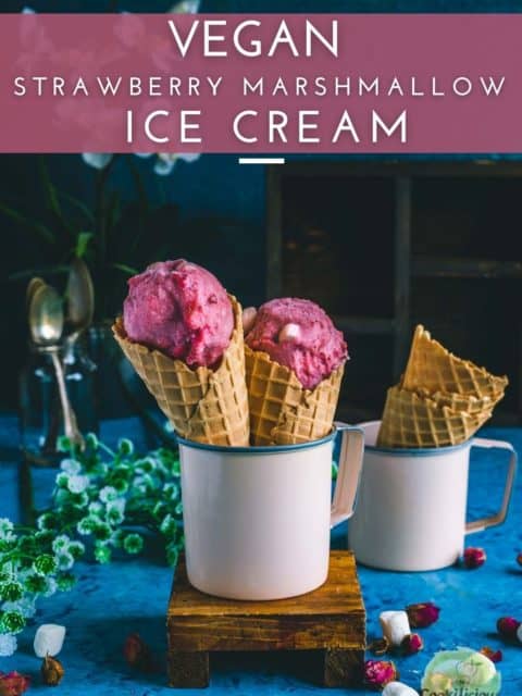 2 strawberry marshmallow ice cream cones placed in a mug and text at the top