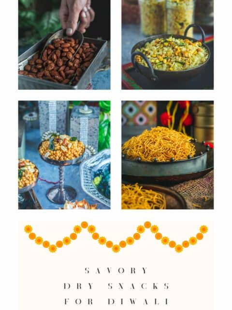 4 image collage of dry snacks to make for Diwali and text at the bottom