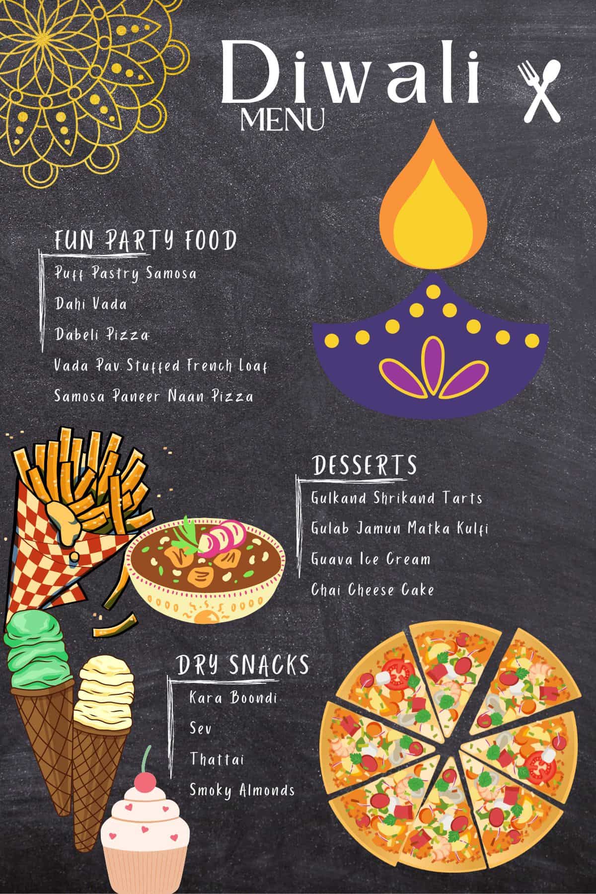 A Diwali party food menu card