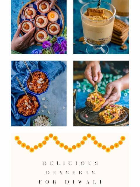 4 image collage of sweets to make for Diwali and text at the bottom