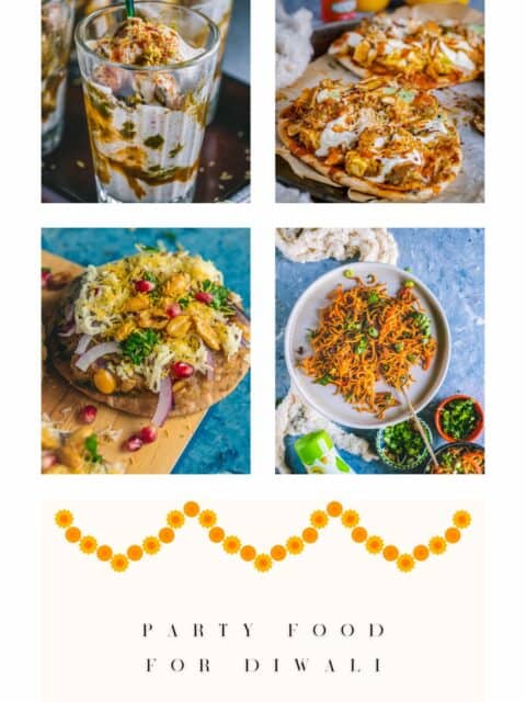 4 image collage of main dishes to make for Diwali and text at the bottom