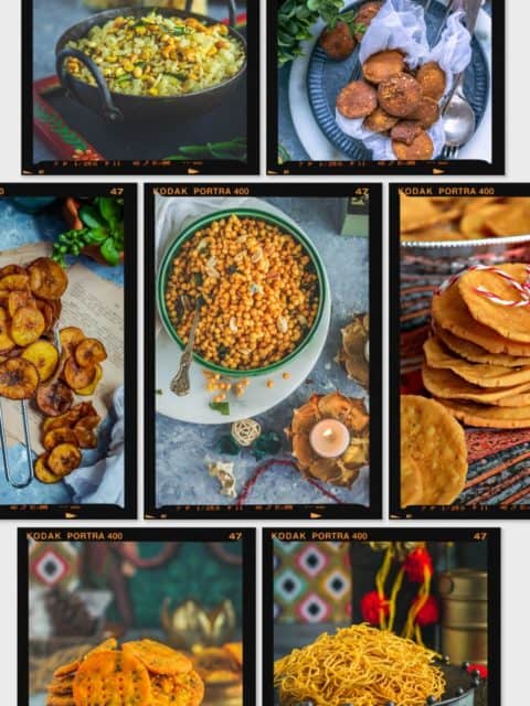 a collage of Indian dry snacks that can be made for Diwali