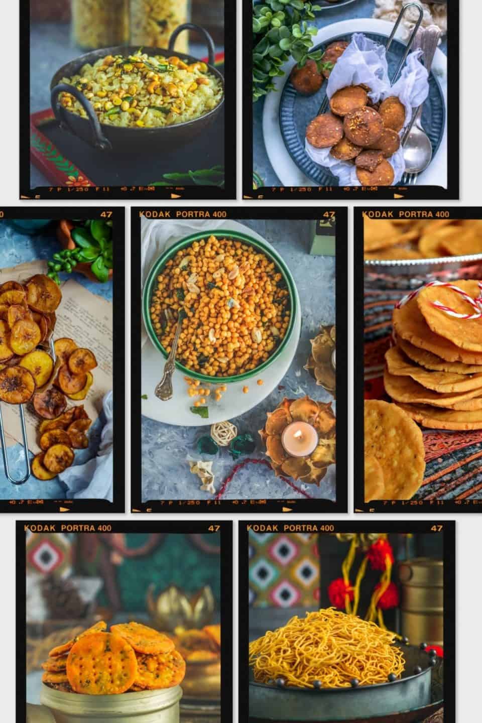 a collage of Indian dry snacks that can be made for Diwali