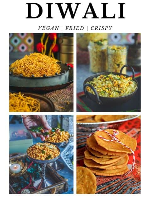 4 image collage of Indian Diwali Food Snacks with text at the top and bottom