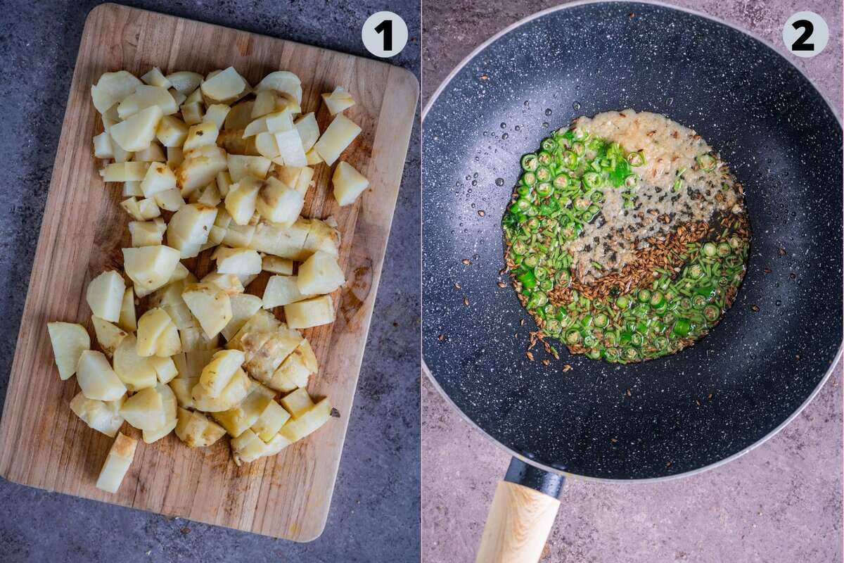 2 image collage showing how to make aloo filling for puff pastry samosa.
