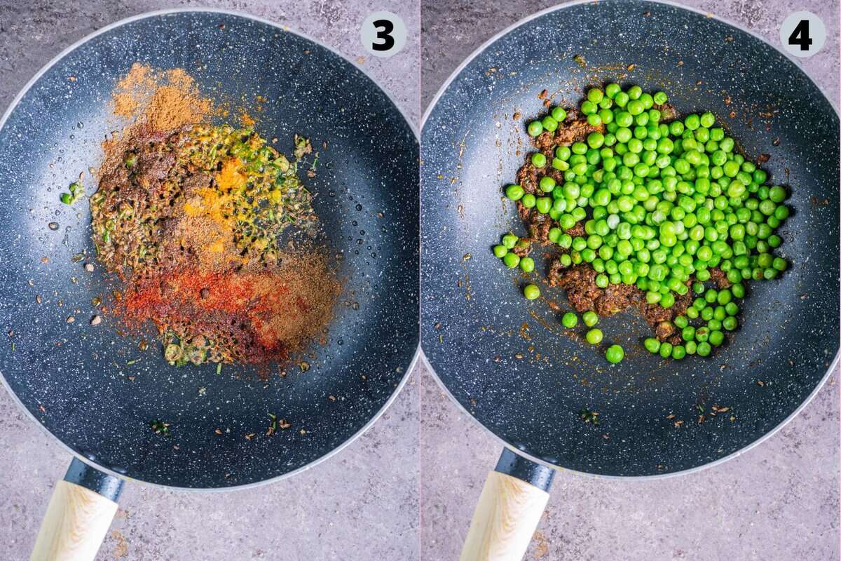 2 image collage showing the process of making the potato stuffing for Samosa Puffs.