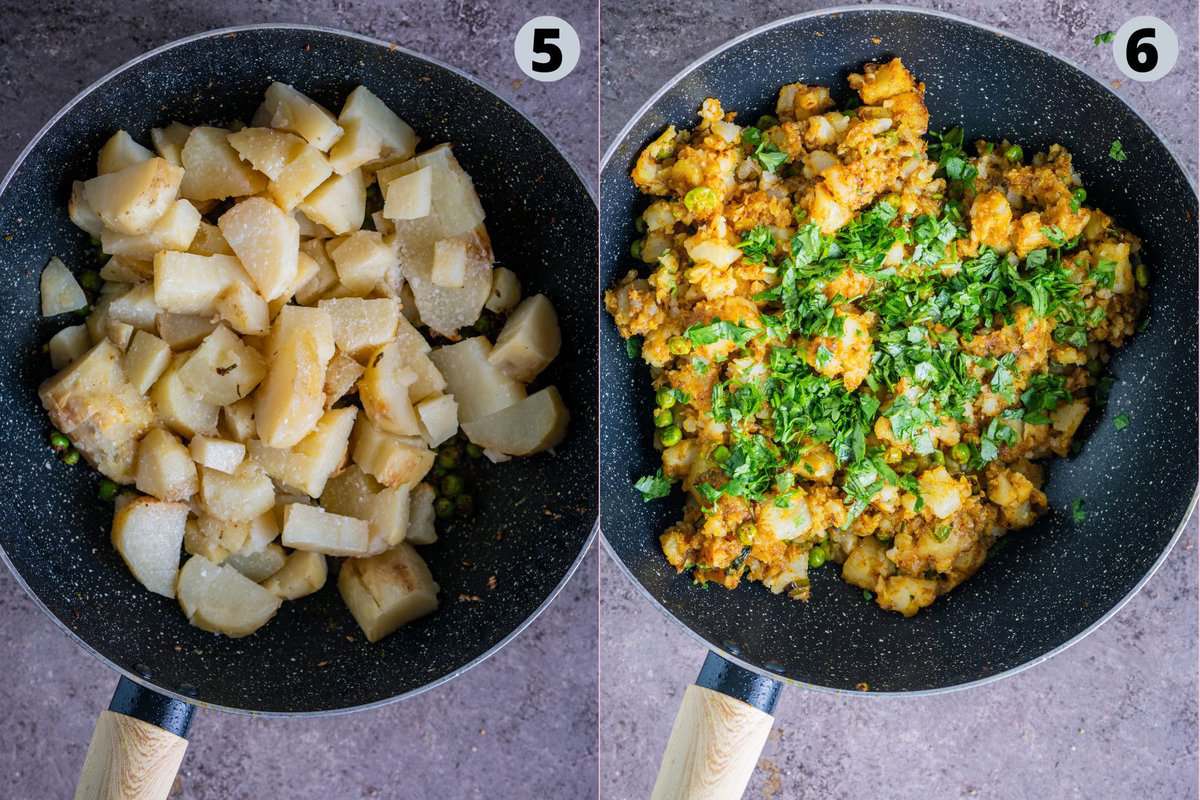 2 image collage showing how to make potato masala for Samosa Puff Pastry.
