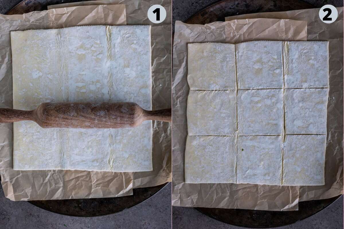 2 image collage Rolling and prepping puff pastry sheet to make vegan samosa puffs with potato filling.