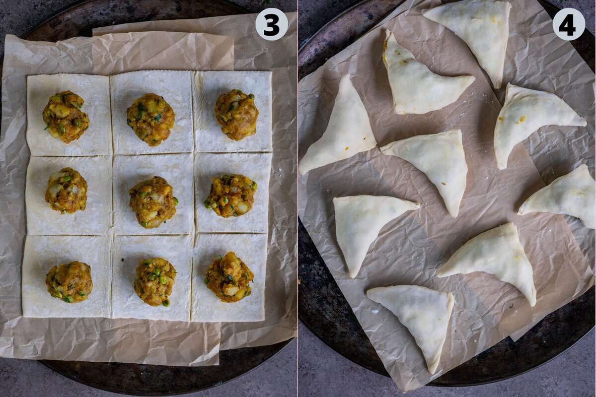2 image collage showing how to fill puff pastry sheets with spiced potato masala for vegan samosas.