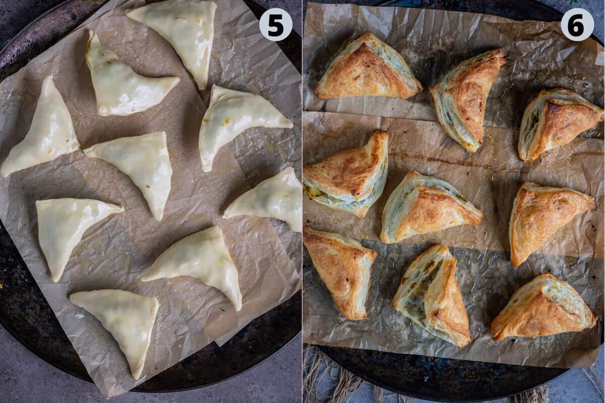 2 image collage showing a Tray of unbaked vegan samosa puff pastries ready for the oven.