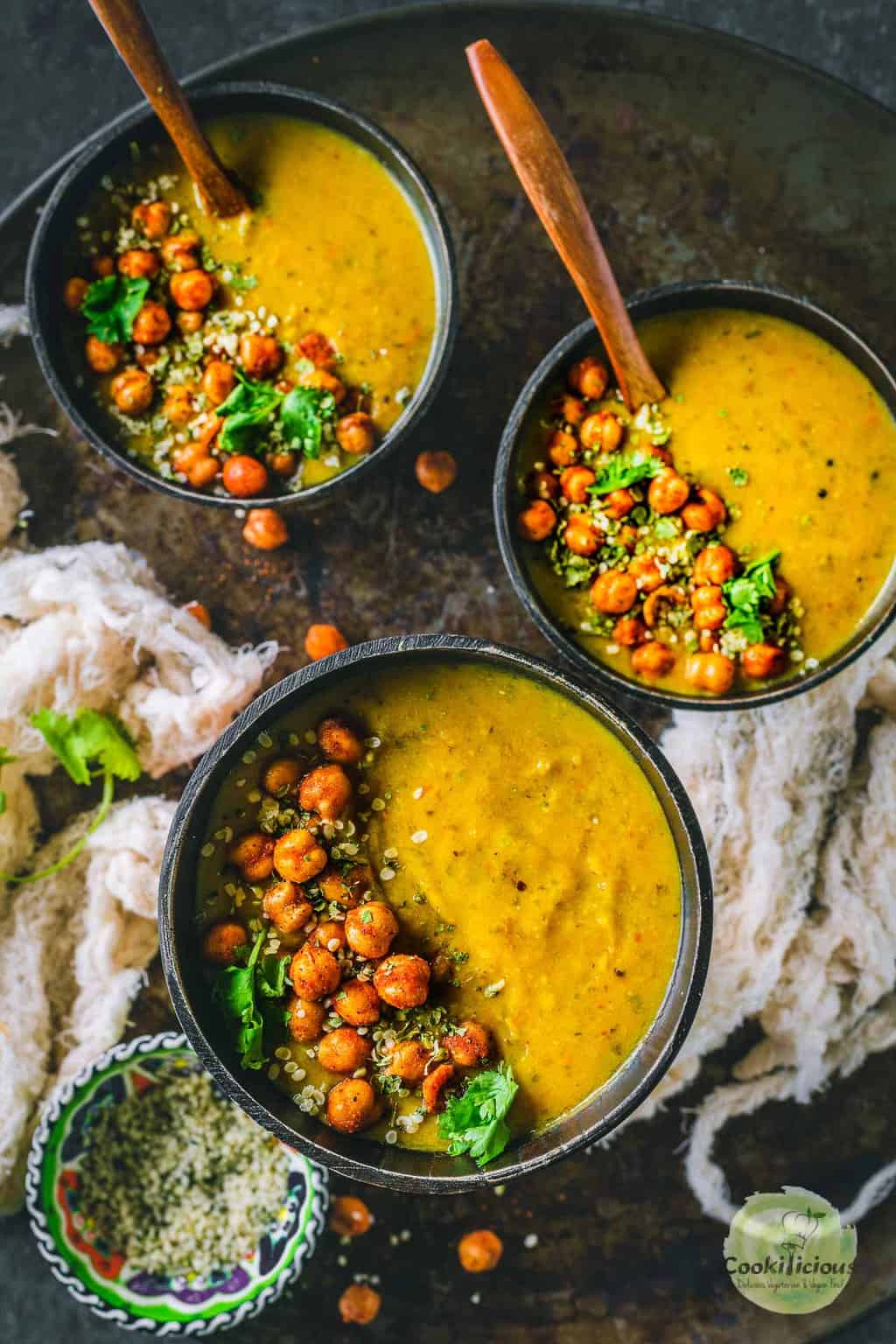 3 bowls of Vegan Lentil Soup | Indian Dal Shorba with spoons in them