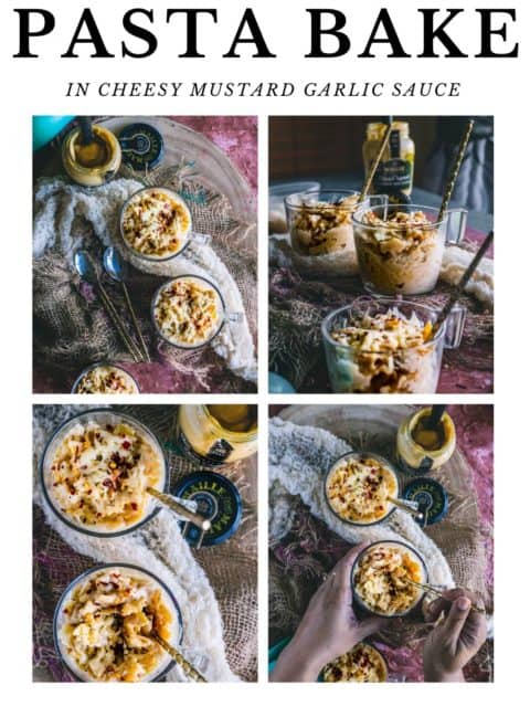 4 image collage of Vegetarian Alfredo Cheesy Mustard Mug Bake with text at the top and bottom