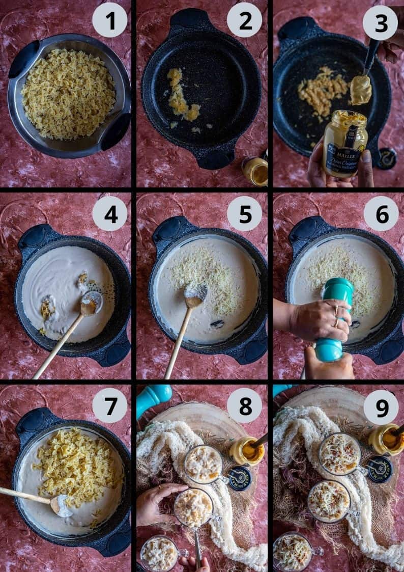 9 image collage showing how to make Vegetarian Alfredo Cheesy Mustard Mug Bake