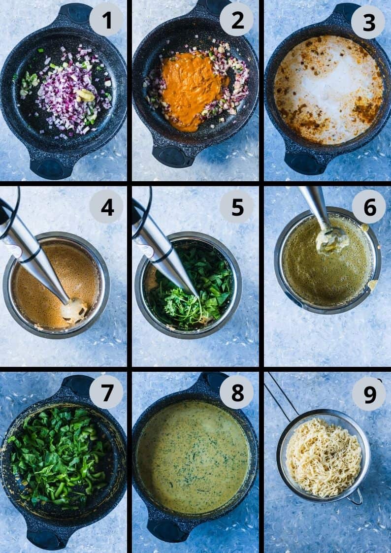 9 image collage showing how to make Vegan Thai Curry Noodles Soup