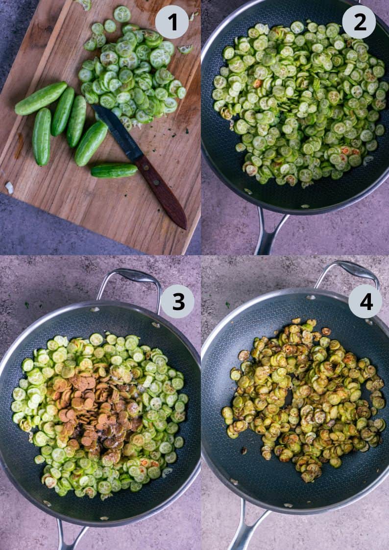 4 image collage showing how to prep tondli to make Maharashtrian style bhaji.