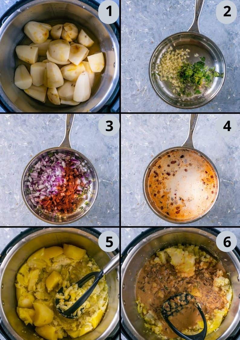 6 image collage showing how to make Instant Pot Mashed Potatoes